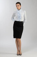 Black Side-Gathered Skirt, a fitted midi skirt with subtle ruching on the side.