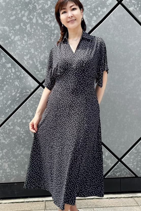 4-Way Stretch: Navy Dot Collared Flared Dress