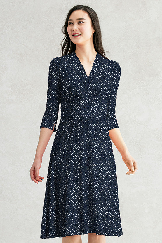 4-Way Stretch: Navy Dot Cache-Coeur Dress