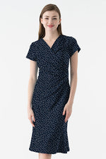4-Way Stretch: 4-Way Jersey Navy Dot Gather Dress