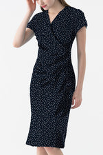 4-Way Stretch: 4-Way Jersey Navy Dot Gather Dress