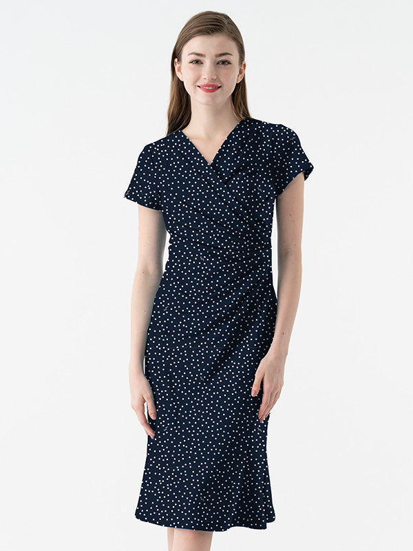 4-Way Stretch: 4-Way Jersey Navy Dot Gather Dress