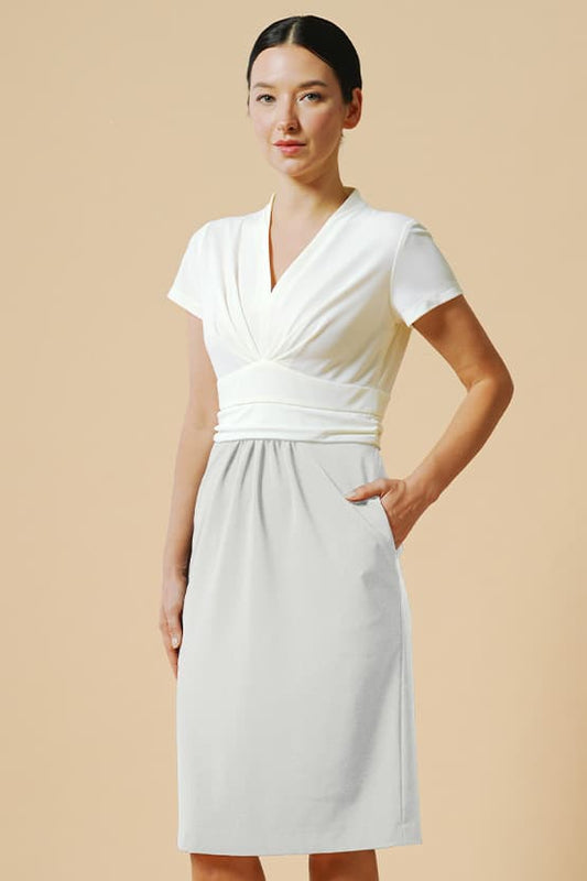 Active Cool White × Gray Shell Dress, a sleeveless dress with a white bodice and gray skirt.