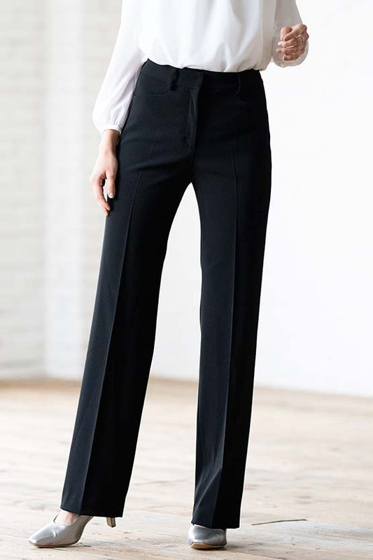 Black straight pants from Smart Stretch, reproduction all-season material, in a professional studio shot.