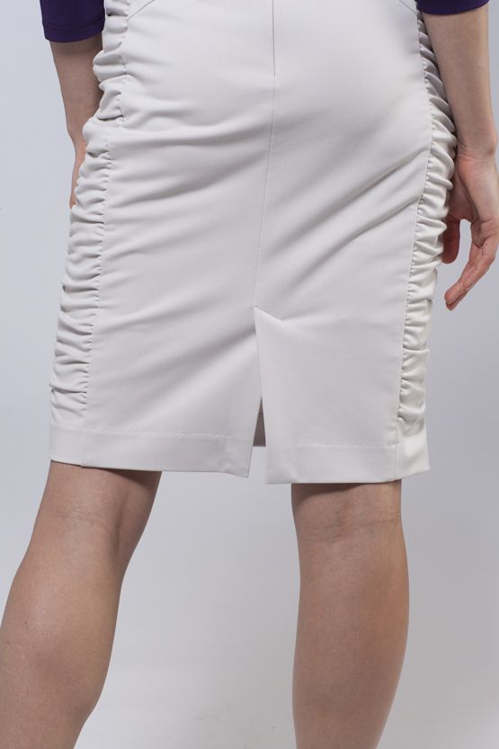 Light grey cotton blend side-gathered skirt, showcasing its subtle ruching and comfortable fabric.