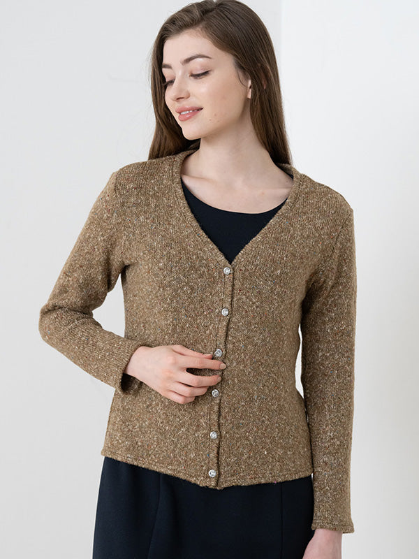 A cozy camel cardigan for women, perfect for layering.
