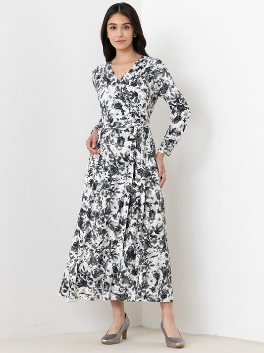 Gray Nuance Flower Long Cache-Coeur Ribbon Dress with a flattering wrap silhouette and delicate floral print.