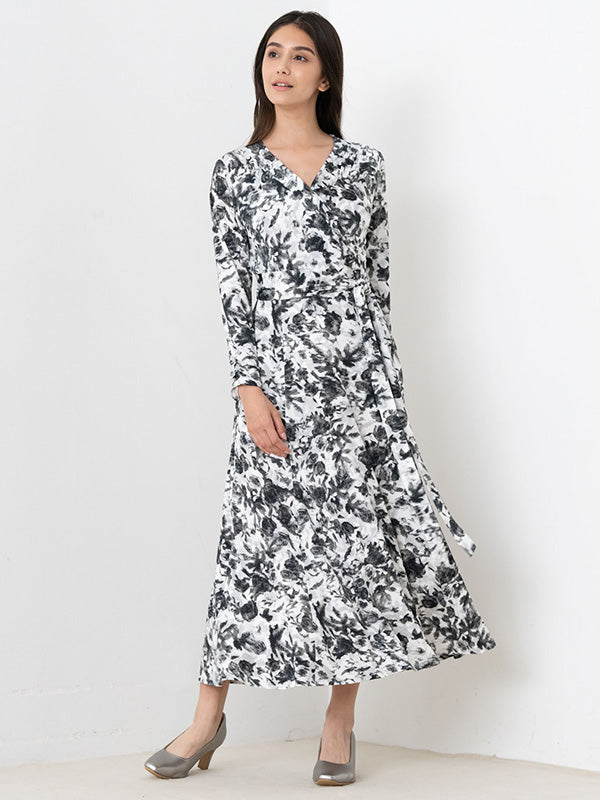 Long Length: Gray Nuance Flower Long Cache-Coeur Ribbon Dress