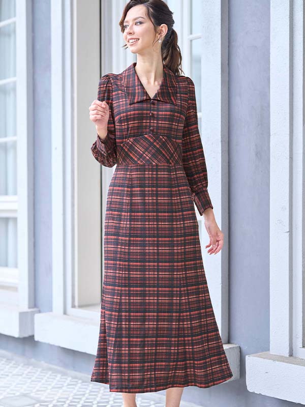 Long Length: Red Tartan Check Long Collar Dress