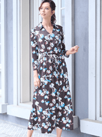 Long Length: Chocolate Lei Flower Collared Cache-Coeur Long in a rich chocolate brown with a floral print.