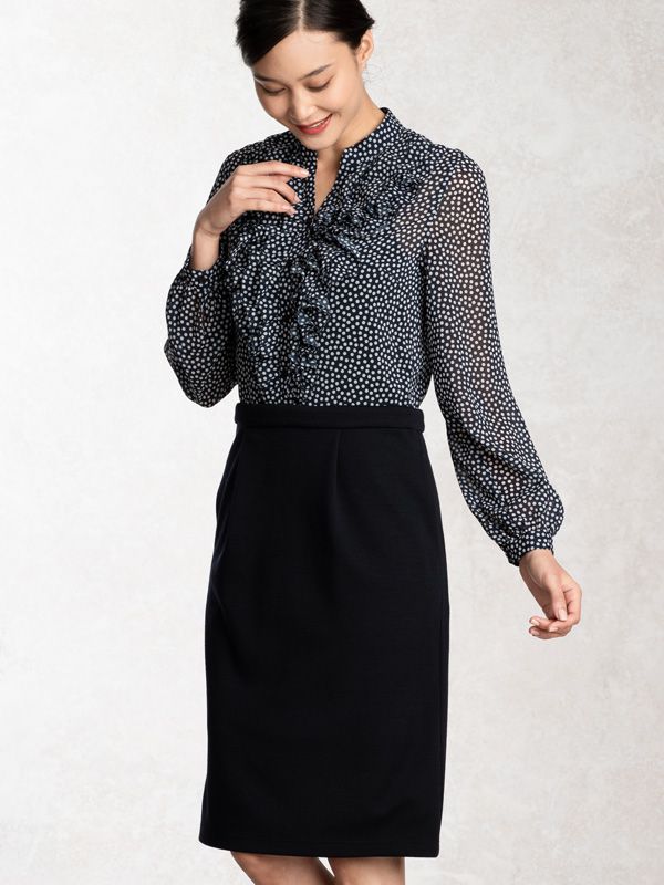 Stretch Chiffon: Polka Dot X Navy Frill Dress