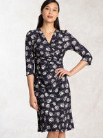 Brushed Back: Navy Rose Gathered Dress