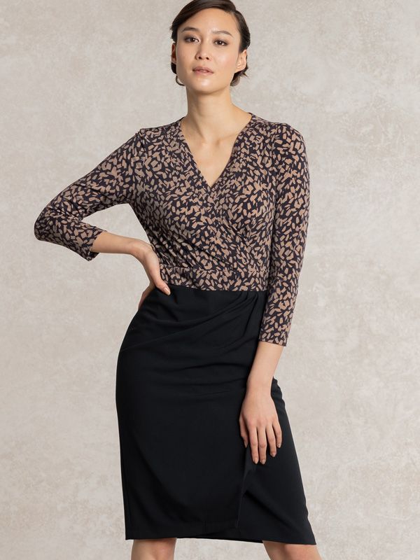 All-Season Material: Caramel Geo X Navy Asymmetry Dress