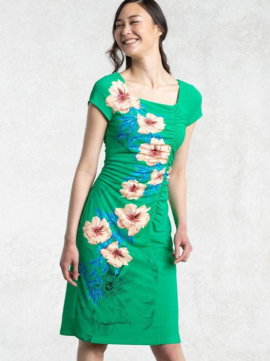 Emerald Green Square-Neck Side Gather Dress: A woman models a knee-length, fitted emerald green dress with a square neckline