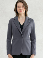 A Double Jersey Blue-Gray Long Tailored Jacket, shown from the front.