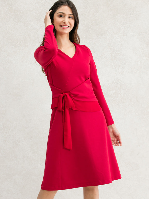 Double Jersey Red V-Neck A-Line Dress