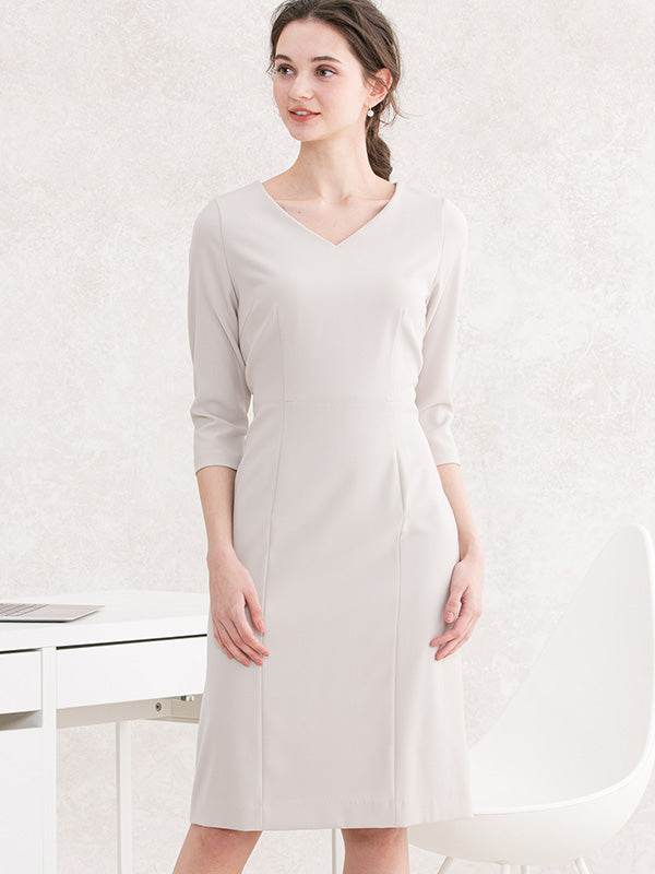 All-Season Material: Greige V-Neck I-Line Dress
