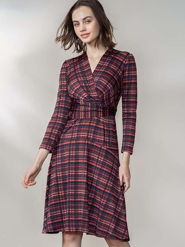 Red Tartan Check Wrap Dress
