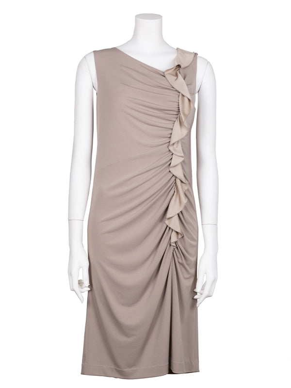Beige Sleeveless Gathered Dress