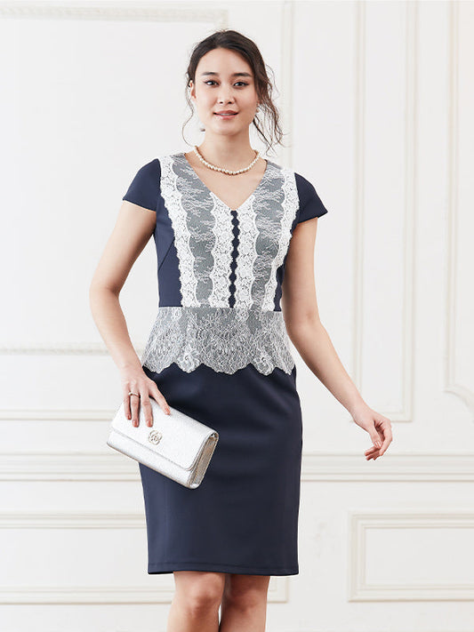 Navy and white lace stretch dress with a flattering silhouette.