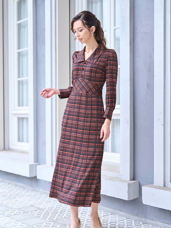 Long Length: Red Tartan Check Long Collar Dress