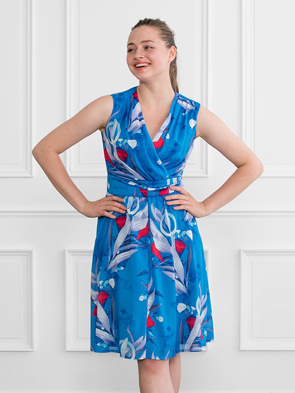 Stretch Chiffon: Aquarium Marilyn Dress in a flowing, sheer aquamarine fabric with a halter neckline.