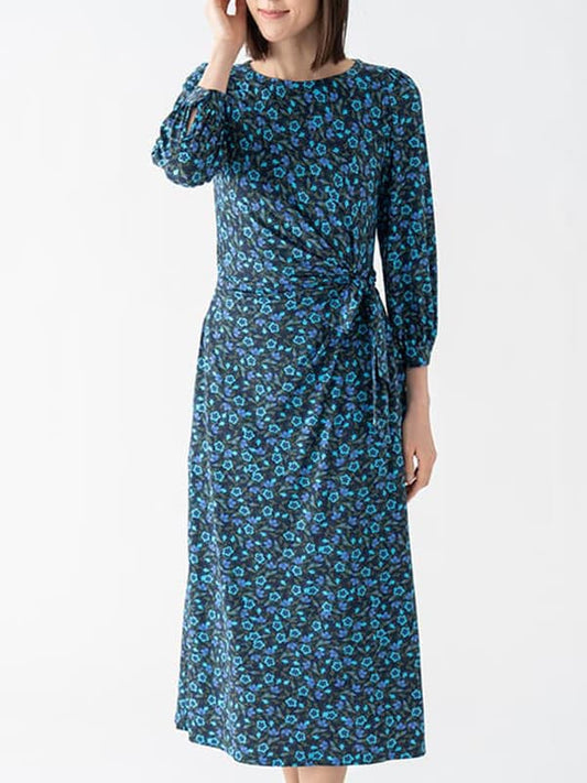 Navy Petite Flower Long Daily Dress with a floral print and flowing skirt.