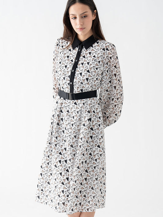 Gold heart print stretch chiffon shirt dress, a flowing midi dress with a collared neckline and button-down front.