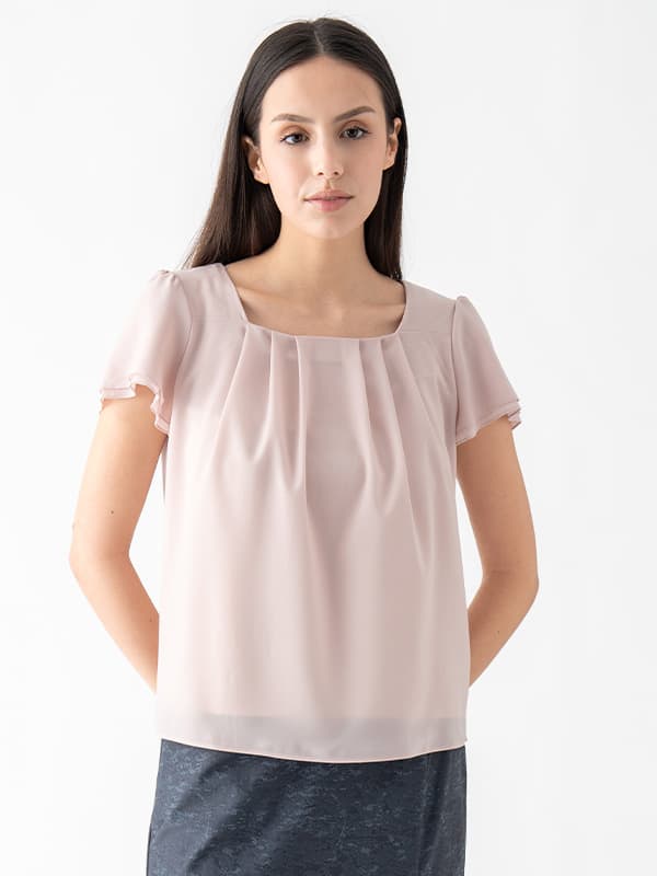 Stretch Chiffon: Pink Beige Square Neck Chiffon Top