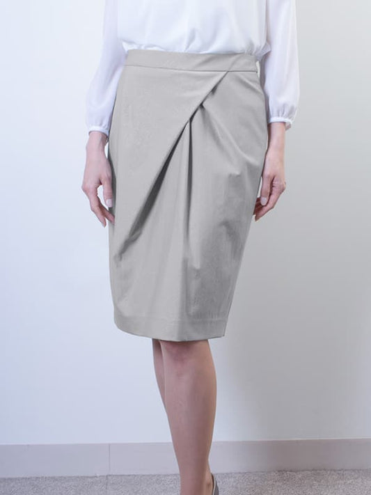 Stretch Jacquard Greige Design Tuck Skirt, a neutral-toned midi skirt with subtle textured jacquard pattern.