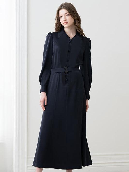 Long-sleeve wrap-style maxi dress in a dark solid tone with a waist tie