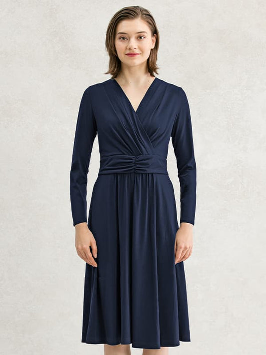 Long-sleeve navy V-neck pleated midi dress