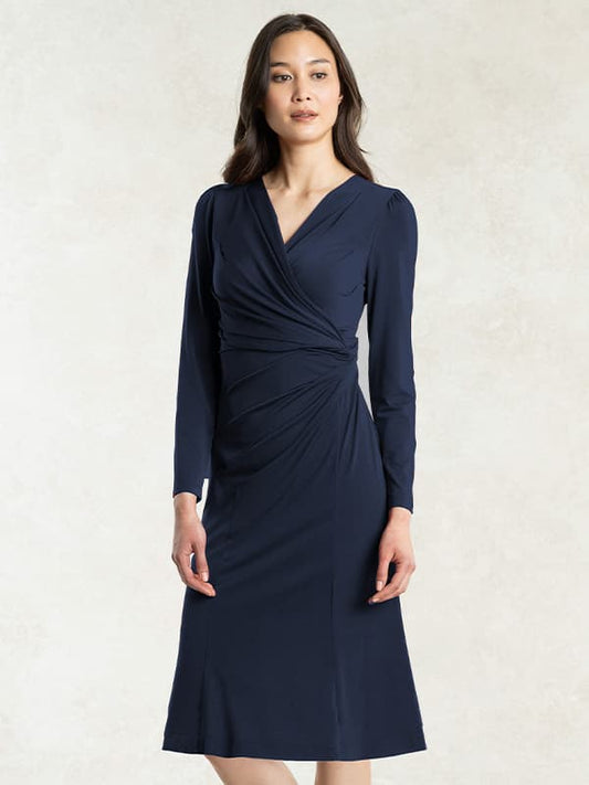 Navy Gathered Dress with Antistatic Petticoat, a flowing navy blue dress with gathered details.