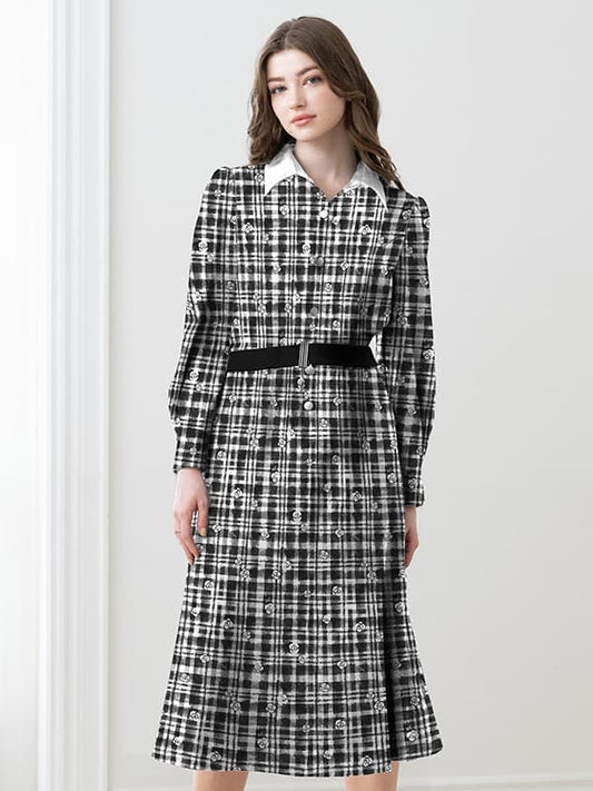 Pluella Georgette kay me Glen Check Princess Dress, a knee-length, short-sleeved dress with a subtle glen check pattern and